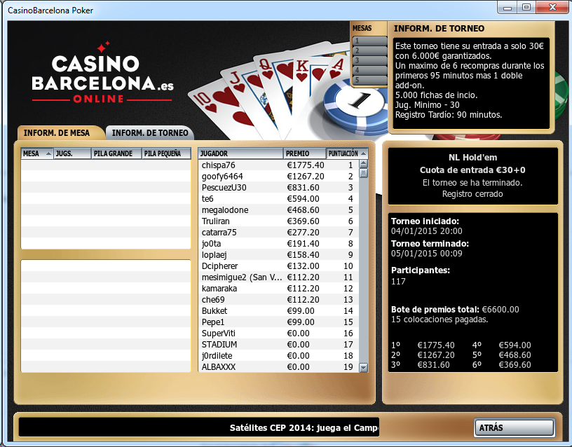 Triunfo de chispa76 en el 10.000€ Garantizados de casinobarcelona.es.