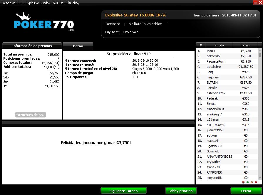 Victoria de jbouuu en el Explosive Sunday 15.000€ de Poker770.