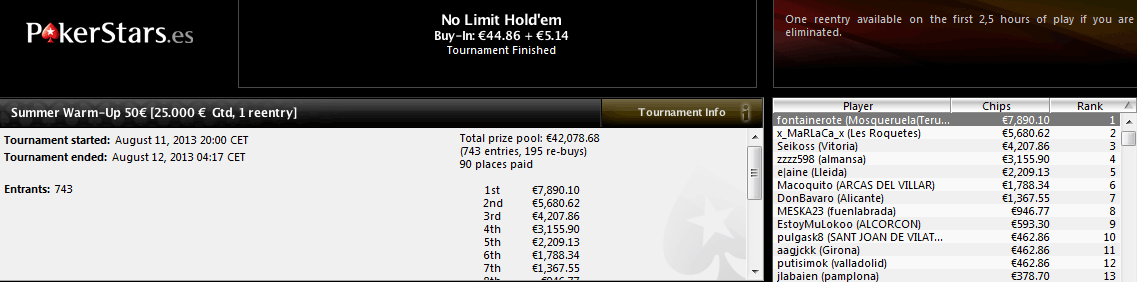 Victoria de fontainerote en el Summer Warm-Up de PokerStars.es.