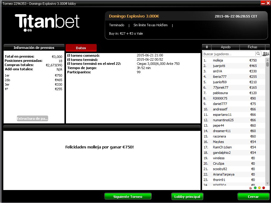 Victoria de molleja en el Domingo Explosito de Titanpoker.