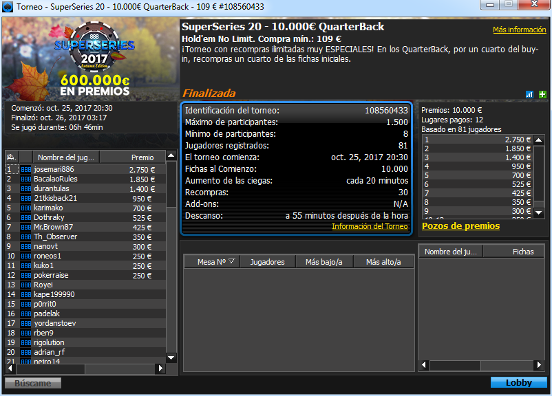 Victoria de josemari886 en el SS 20 - €10k QuarterBack de 888poker.es.