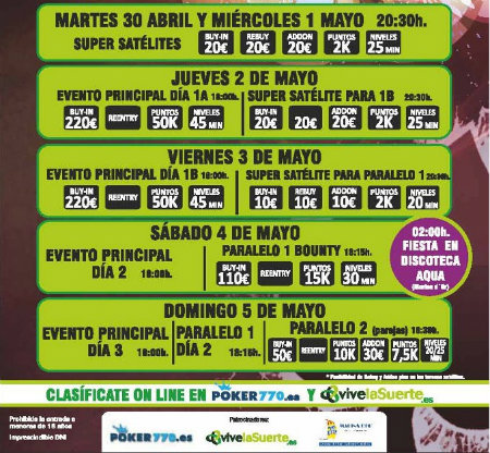 Programa de eventos del I Festival DeepStack de Poker770 en Castellón