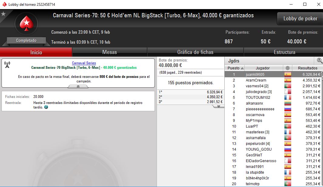 Victoria del español juanki9605 en el CS-50 de PokerStars.es.