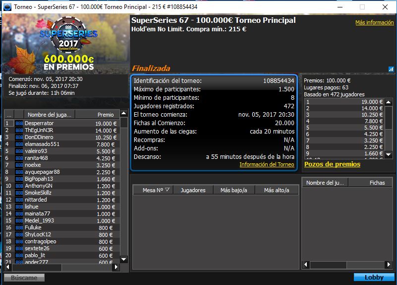Victoria de Desperrator en el 100.000€ El Torneo Principal de 888poker.es.